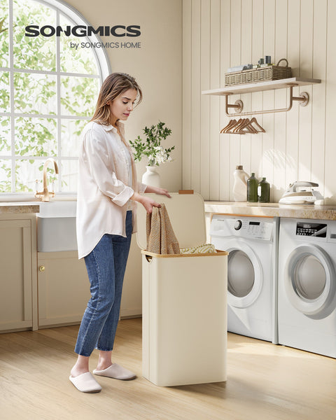 Rootz Collapsible Laundry Basket - Cream White Hamper - Foldable Clothes Storage - 600D Oxford Cloth - Bamboo Fiberglass Rods - Lightweight - Portable - Space Saving - 42cm x 32cm x 70.5cm