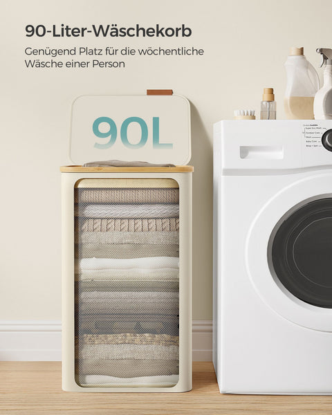 Rootz Collapsible Laundry Basket - Cream White Hamper - Foldable Clothes Storage - 600D Oxford Cloth - Bamboo Fiberglass Rods - Lightweight - Portable - Space Saving - 42cm x 32cm x 70.5cm