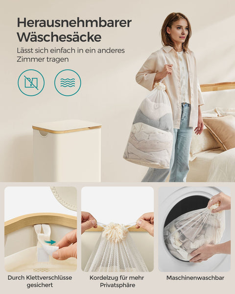 Rootz Collapsible Laundry Basket - Cream White Hamper - Foldable Clothes Storage - 600D Oxford Cloth - Bamboo Fiberglass Rods - Lightweight - Portable - Space Saving - 42cm x 32cm x 70.5cm