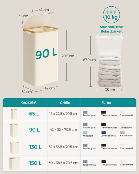 Rootz Collapsible Laundry Basket - Cream White Hamper - Foldable Clothes Storage - 600D Oxford Cloth - Bamboo Fiberglass Rods - Lightweight - Portable - Space Saving - 42cm x 32cm x 70.5cm