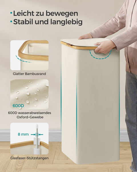 Rootz Collapsible Laundry Basket - Cream White Hamper - Foldable Clothes Storage - 600D Oxford Cloth - Bamboo Fiberglass Rods - Lightweight - Portable - Space Saving - 42cm x 32cm x 70.5cm