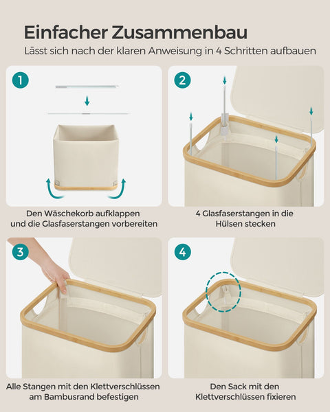 Rootz Collapsible Laundry Basket - Cream White Hamper - Foldable Clothes Storage - 600D Oxford Cloth - Bamboo Fiberglass Rods - Lightweight - Portable - Space Saving - 42cm x 32cm x 70.5cm