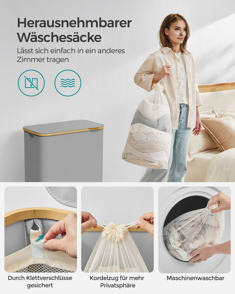 Rootz Dove Gray Laundry Basket - Clothes Hamper - Storage Bin - 600D Oxford Cloth - Bamboo - Fiberglass Rods - Lightweight - Durable - Portable - 52cm x 38.5cm x 70.5cm