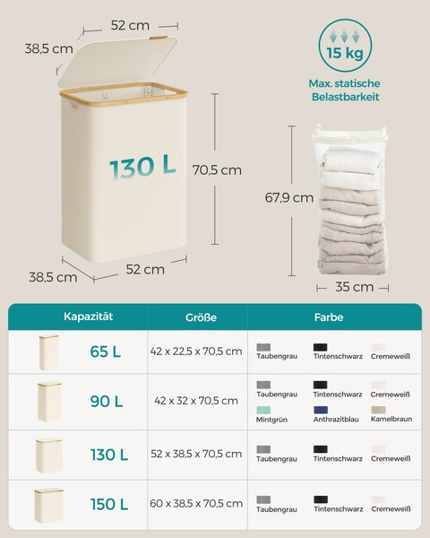 Rootz Laundry Basket - Hamper - Dual Compartment Organizer - White Lid - 60cm x 40cm x 50cm
