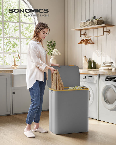 Rootz Dove Gray Folding Laundry Basket - Clothes Hamper - Collapsible Storage Bin - 600D Oxford Cloth - Bamboo - Fiberglass Rods - Lightweight - Durable - Portable - 60cm x 38.5cm x 70.5cm