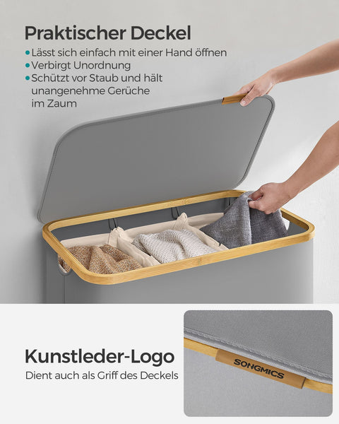Rootz Dove Gray Folding Laundry Basket - Clothes Hamper - Collapsible Storage Bin - 600D Oxford Cloth - Bamboo - Fiberglass Rods - Lightweight - Durable - Portable - 60cm x 38.5cm x 70.5cm