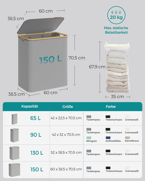Rootz Dove Gray Folding Laundry Basket - Clothes Hamper - Collapsible Storage Bin - 600D Oxford Cloth - Bamboo - Fiberglass Rods - Lightweight - Durable - Portable - 60cm x 38.5cm x 70.5cm