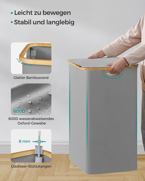 Rootz Dove Gray Folding Laundry Basket - Clothes Hamper - Collapsible Storage Bin - 600D Oxford Cloth - Bamboo - Fiberglass Rods - Lightweight - Durable - Portable - 60cm x 38.5cm x 70.5cm