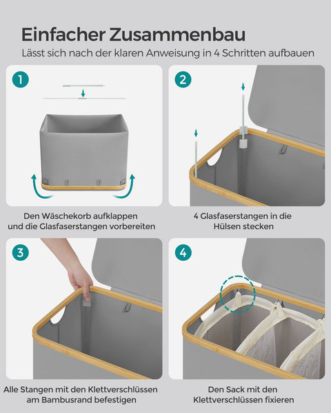 Rootz Dove Gray Folding Laundry Basket - Clothes Hamper - Collapsible Storage Bin - 600D Oxford Cloth - Bamboo - Fiberglass Rods - Lightweight - Durable - Portable - 60cm x 38.5cm x 70.5cm