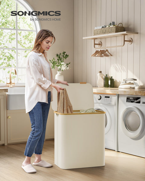 Rootz Portable Cream White Folding Laundry Basket - Hamper - Collapsible Storage Bin - 600D Oxford Cloth - Bamboo - Fiberglass Rods - Lightweight - Durable - Space-saving - 60cm x 38.5cm x 70.5cm