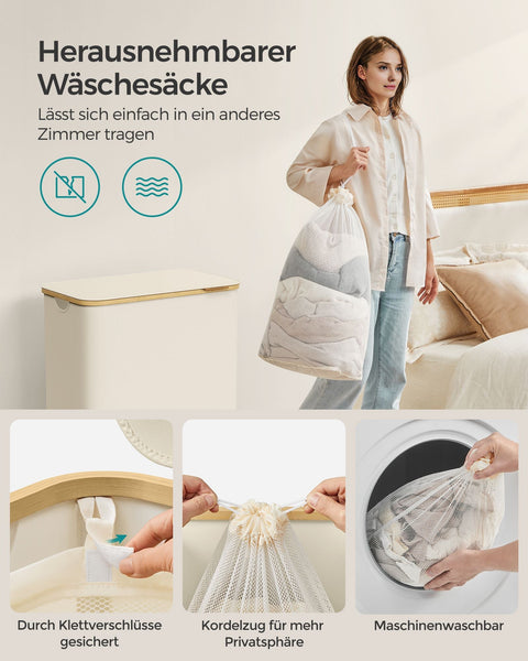 Rootz Portable Cream White Folding Laundry Basket - Hamper - Collapsible Storage Bin - 600D Oxford Cloth - Bamboo - Fiberglass Rods - Lightweight - Durable - Space-saving - 60cm x 38.5cm x 70.5cm