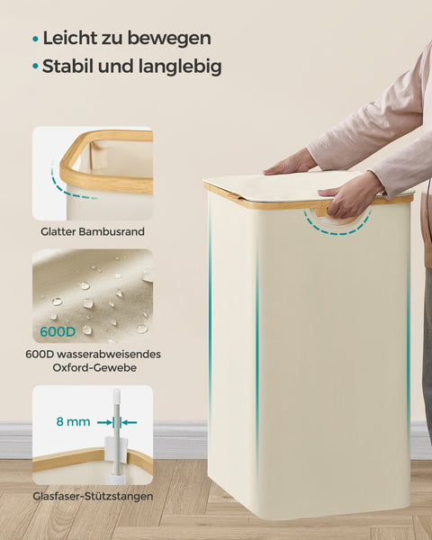 Rootz Portable Cream White Folding Laundry Basket - Hamper - Collapsible Storage Bin - 600D Oxford Cloth - Bamboo - Fiberglass Rods - Lightweight - Durable - Space-saving - 60cm x 38.5cm x 70.5cm