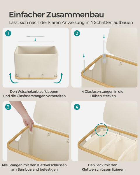 Rootz Portable Cream White Folding Laundry Basket - Hamper - Collapsible Storage Bin - 600D Oxford Cloth - Bamboo - Fiberglass Rods - Lightweight - Durable - Space-saving - 60cm x 38.5cm x 70.5cm