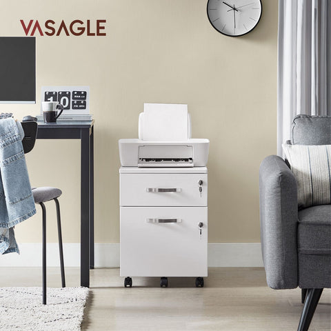Rootz Lockable Roll Container - White Filing Cabinet - Storage Cabinet - Bedside Table - Side Table - 5 Wheels - E1 MDF - PVC - 44cm x 40cm x 54.5cm