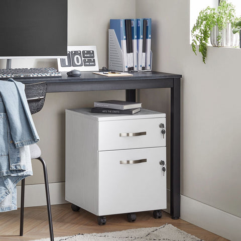 Rootz Lockable Roll Container - White Filing Cabinet - Storage Cabinet - Bedside Table - Side Table - 5 Wheels - E1 MDF - PVC - 44cm x 40cm x 54.5cm