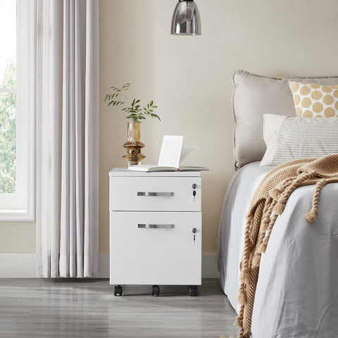 Rootz Lockable Roll Container - White Filing Cabinet - Storage Cabinet - Bedside Table - Side Table - 5 Wheels - E1 MDF - PVC - 44cm x 40cm x 54.5cm