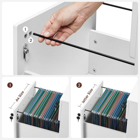 Rootz Lockable Roll Container - White Filing Cabinet - Storage Cabinet - Bedside Table - Side Table - 5 Wheels - E1 MDF - PVC - 44cm x 40cm x 54.5cm