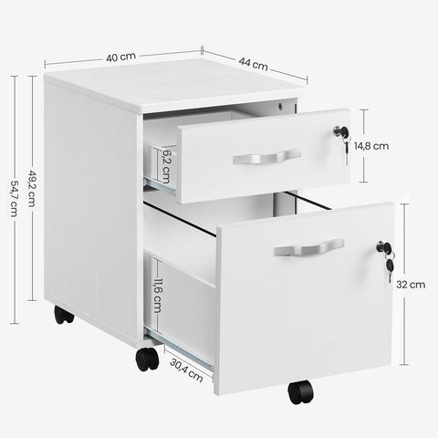 Rootz Lockable Roll Container - White Filing Cabinet - Storage Cabinet - Bedside Table - Side Table - 5 Wheels - E1 MDF - PVC - 44cm x 40cm x 54.5cm