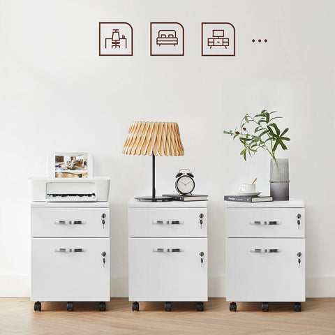 Rootz Lockable Roll Container - White Filing Cabinet - Storage Cabinet - Bedside Table - Side Table - 5 Wheels - E1 MDF - PVC - 44cm x 40cm x 54.5cm