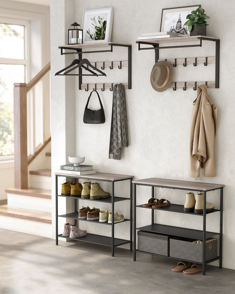 Rootz Wall Coat Rack with Clothes Rail - Coat Hanger - Jacket Stand - Chipboard & Steel - Greige Black - 30cm x 65cm x 42cm