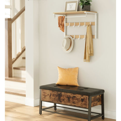 Rootz Wall Coat Rack - Entryway Organizer - Coat Hanger - Space-Saving - 30 x 65 x 42 cm - Brown- White Finish