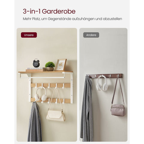 Rootz Wall Coat Rack - Entryway Organizer - Coat Hanger - Space-Saving - 30 x 65 x 42 cm - Brown- White Finish