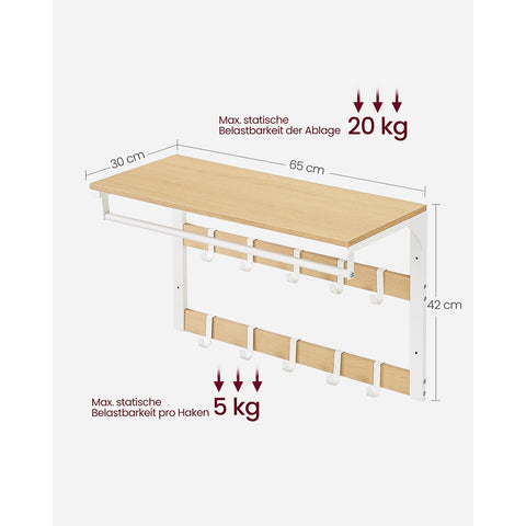 Rootz Wall Coat Rack - Entryway Organizer - Coat Hanger - Space-Saving - 30 x 65 x 42 cm - Brown- White Finish