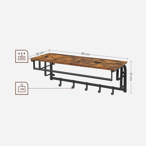 Rootz Wall Coat Rack - Entryway Organizer - Hallway Hanger - 5 Removable Hooks - Space Saver - Brown- Black - 80cm x 30cm x 27cm
