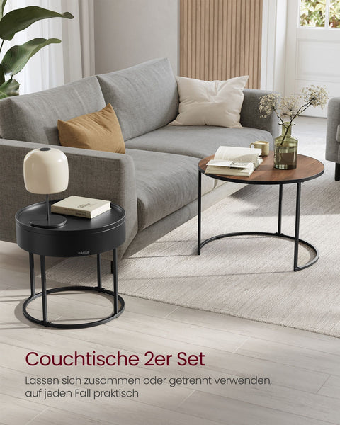 Rootz 2 Piece Set Coffee Table - Walnut Black - Round Accent Tables - MDF Chipboard Steel - 60cm x 60cm x 45cm & 44cm x 44cm x 42cm