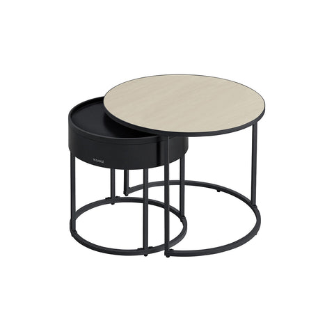 Rootz Round Coffee Table Set of 2 Natural Beige-Ink Black - Side Table - Living Room Furniture - MDF - 60cm x 60cm x 45cm
