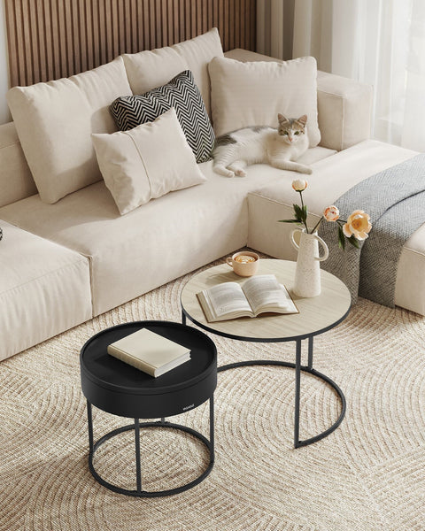 Rootz Round Coffee Table Set of 2 Natural Beige-Ink Black - Side Table - Living Room Furniture - MDF - 60cm x 60cm x 45cm