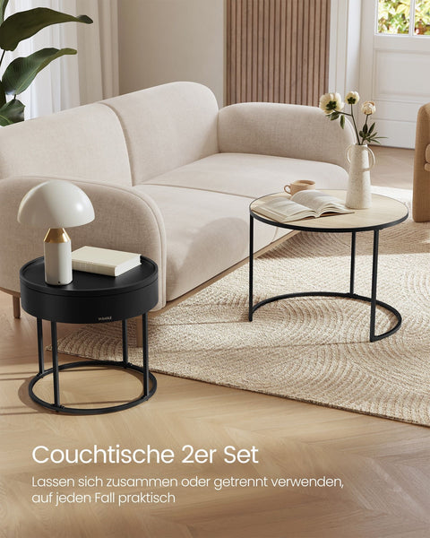 Rootz Round Coffee Table Set of 2 Natural Beige-Ink Black - Side Table - Living Room Furniture - MDF - 60cm x 60cm x 45cm