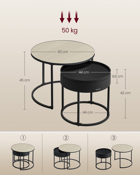 Rootz Round Coffee Table Set of 2 Natural Beige-Ink Black - Side Table - Living Room Furniture - MDF - 60cm x 60cm x 45cm