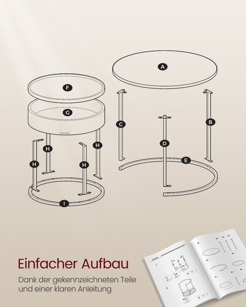 Rootz Round Coffee Table Set of 2 Natural Beige-Ink Black - Side Table - Living Room Furniture - MDF - 60cm x 60cm x 45cm
