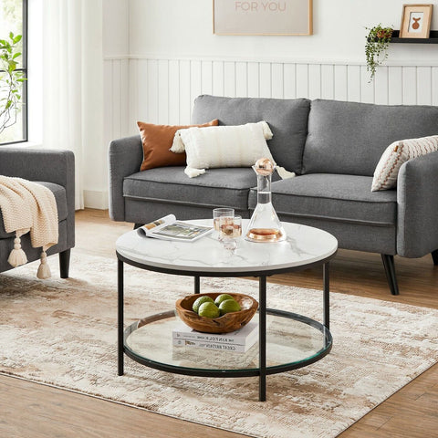 Rootz White Marble Look Coffee Table - Modern Table - Chipboard Steel Frame - Tempered Glass Top - Stylish Design - Lightweight - Easy Assembly - 80cm x 44.5cm (Ø x H)