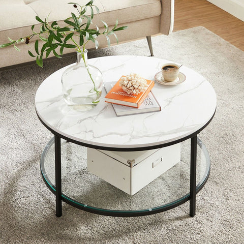 Rootz White Marble Look Coffee Table - Modern Table - Chipboard Steel Frame - Tempered Glass Top - Stylish Design - Lightweight - Easy Assembly - 80cm x 44.5cm (Ø x H)