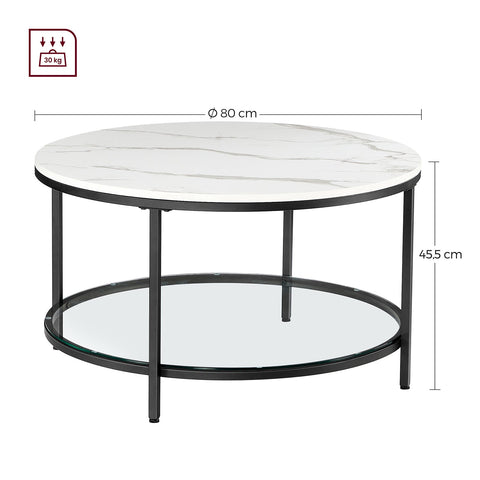 Rootz White Marble Look Coffee Table - Modern Table - Chipboard Steel Frame - Tempered Glass Top - Stylish Design - Lightweight - Easy Assembly - 80cm x 44.5cm (Ø x H)