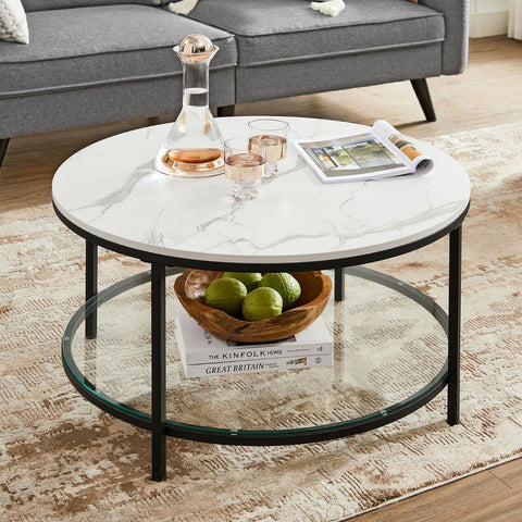 Rootz White Marble Look Coffee Table - Modern Table - Chipboard Steel Frame - Tempered Glass Top - Stylish Design - Lightweight - Easy Assembly - 80cm x 44.5cm (Ø x H)