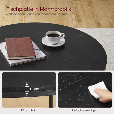 Rootz Marble Black-Ink Black Coffee Table - Living Room Table - Modern Table - Chipboard - Tempered Glass - Steel - Adjustable Feet - 80cm x 46cm - 13.6kg - 30kg Capacity