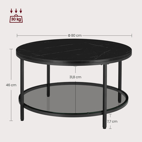 Rootz Marble Black-Ink Black Coffee Table - Living Room Table - Modern Table - Chipboard - Tempered Glass - Steel - Adjustable Feet - 80cm x 46cm - 13.6kg - 30kg Capacity