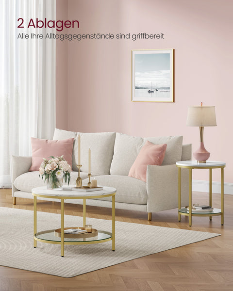 Rootz Marble White-Light Gold Coffee Table - Living Room Table - Modern Table - Chipboard - Tempered Glass - Steel - Adjustable Feet - Lightweight - Spacious - Easy Assembly - 65cm x 46cm x 73.5cm
