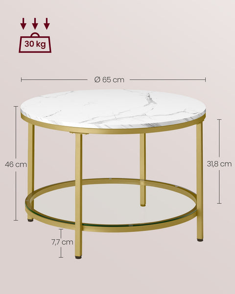 Rootz Coffee Table - 2 Levels - Glass Top -  White - Elegant Design - 65cm x 46cm