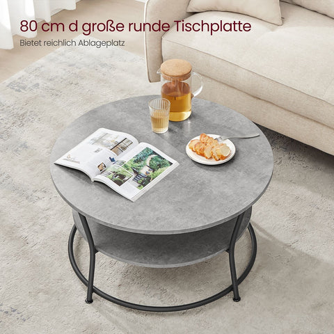 Rootz Round Coffee Table - Industrial Round Table - Gray-Black Color - Chipboard and Steel - 80cm D x 46.5cm H - 10.6kg - 50kg Capacity