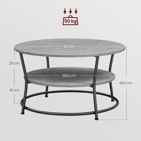 Rootz Round Coffee Table - Industrial Round Table - Gray-Black Color - Chipboard and Steel - 80cm D x 46.5cm H - 10.6kg - 50kg Capacity