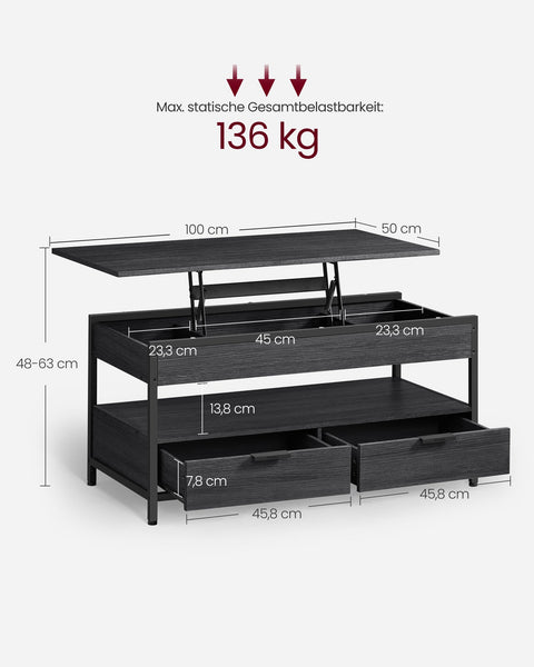Rootz Adjustable Coffee Table - Anthracite Gray-Ink Black - Chipboard Steel - Large 50 x 100 cm - Height 48-63cm - Lightweight 25.6kg - Max Load 136kg