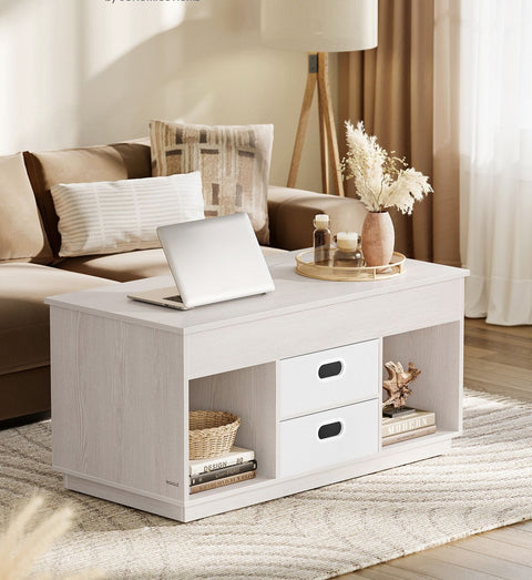 Rootz Coffee Table with 2 Drawers - Center Table - Storage Compartments - Oatmeal Beige - Steel & Chipboard - 50cm x 100cm x 48cm/62.3cm - 27.5kg