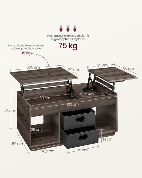 Rootz Coffee Table - 2 Drawers - Storage Compartments - Space-Saving -  Brown - 50cm x 100cm x 48cm/62.3cm