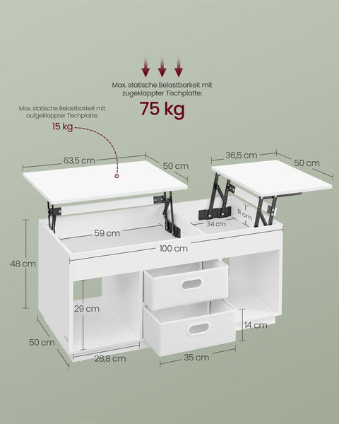 Rootz Coffee Table with 2 Drawers - Storage Table - White - Steel & Chipboard - 50cm x 100cm x 48cm/62.3cm