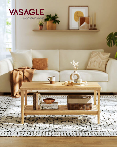 Rootz Oak Beige Coffee Table - Living Room Table - Side Table - MDF Chipboard PVC Plastic - 55cm x 100cm x 45cm - 13.9kg - 50kg Max Load Capacity - 40kg Shelf Capacity