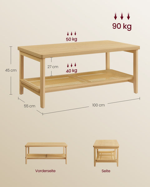 Rootz Oak Beige Coffee Table - Living Room Table - Side Table - MDF Chipboard PVC Plastic - 55cm x 100cm x 45cm - 13.9kg - 50kg Max Load Capacity - 40kg Shelf Capacity